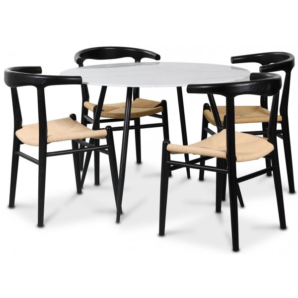Berit spisegruppe, 110 cm rundt bord + 4 stk Berit-stole sorte / fletsde