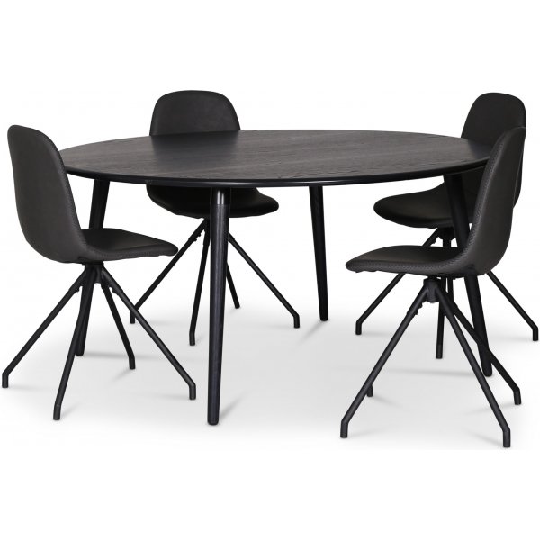 Omni spisegruppe, rundt spisebord 130 cm inkl. 4 bro drejelige sorte stole - Sortbejdset eg