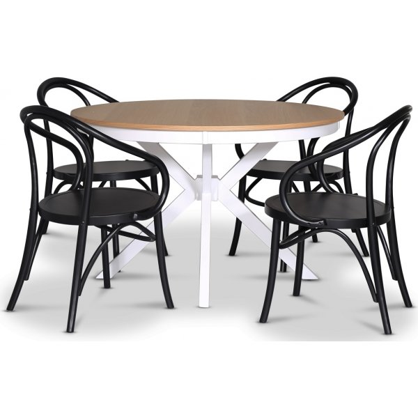 Troms spisebordsst; rundt spisebord Hvid/Eg med 4 stk. Danderyd No.30 stole sort