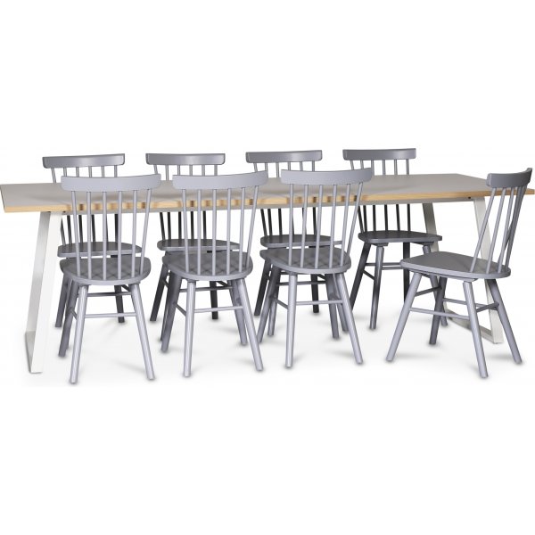 Edge spisegruppe; Spisebord i hvid HPL 240x90 cm med 8 gr Orust stokstole
