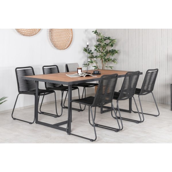 Khung udendrs spisegruppe med 6 Lindos stole - Sort/Natur