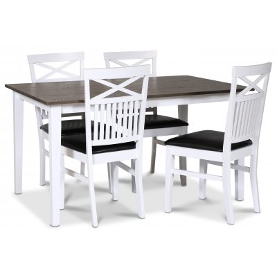 Skagen spisebordsst; klassisk spisebord 140x90 cm - Hvid/brunolieret eg med 4 Fr stole (Kryds i ryggen) med sort PU-sde
