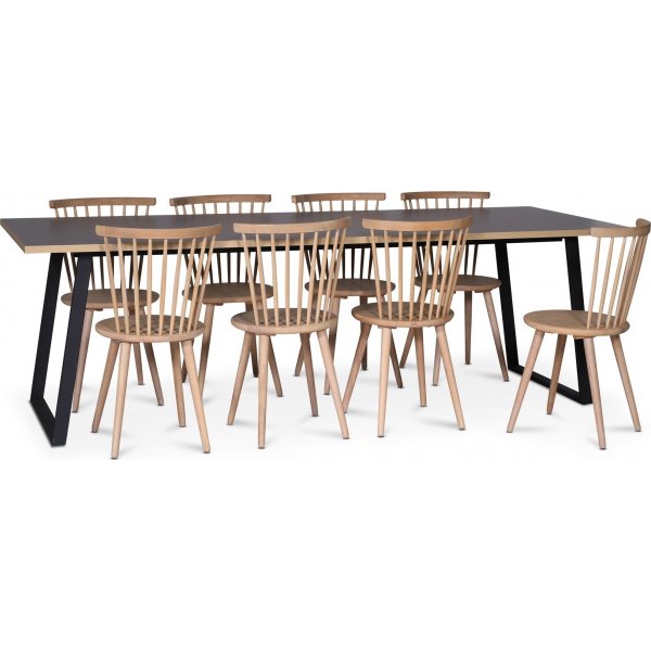 Edge 3.0 spisebordsst 240x90 cm inkl. 8 stk. hvidolierede pindestole Castor - Gr Hjtrykslaminat (HPL)