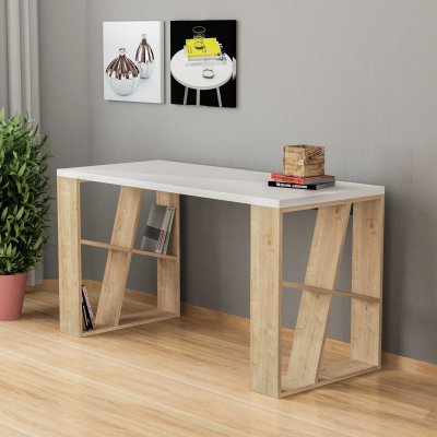 Honning skrivebord 140x60 cm - Hvid/eg
