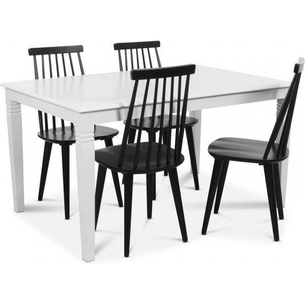 Mellby spisegruppe 140 cm bord med 4 sorte Dalsland knkstole - Hvid / Sort