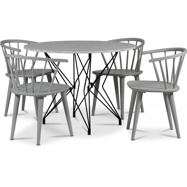 Zoo spisegruppe 105 cm inkl. 4 stk Dalsland gr lnestol - Sort / Lys Marmor