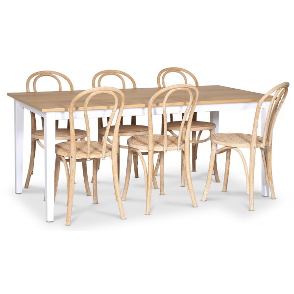 Fr spisebordsst; spisebord 180x90 cm - Hvid / olieret eg med 6 stk. Danderyd No.18 stole Whitewash
