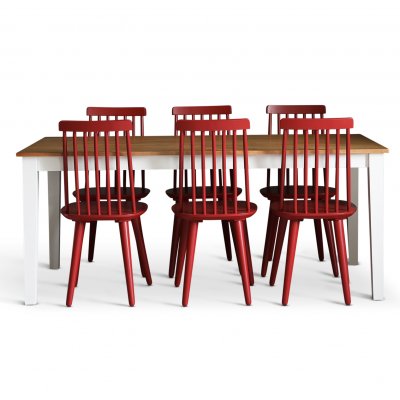 Dalsland spisegruppe: Spisebord i Eg/Hvid med 6 rde Pinnstola