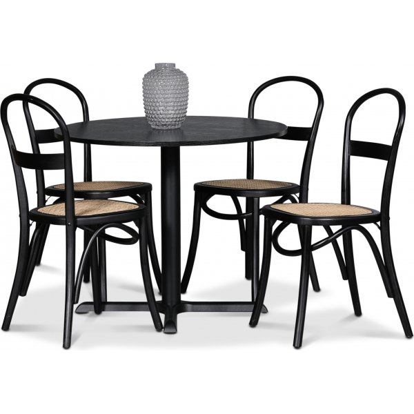 Solano spisebordsst: Bord 90 cm inklusiv 4 stk. Axe stole - Sort Ask / Rattan + 4.00 x Servietringe