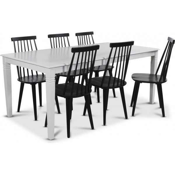 Mellby spisegruppe 180 cm bord med 6 sorte Dalsland Pinnstolar
