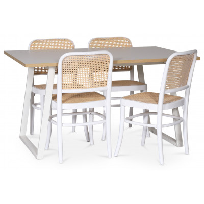 Edge spisegruppe; Spisebord i hvid HPL 140x90 cm med 4 hvide Tyko stole med rattan