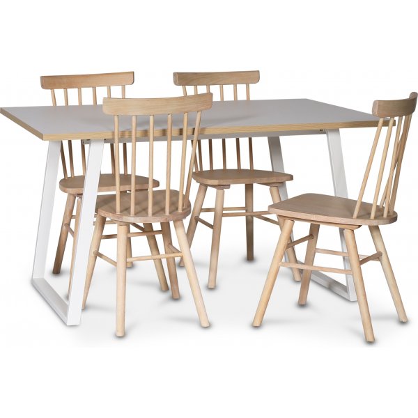 Edge spisegruppe; Spisebord i hvid HPL 140x90 cm med 4 Orust stokstole i hvidmalet