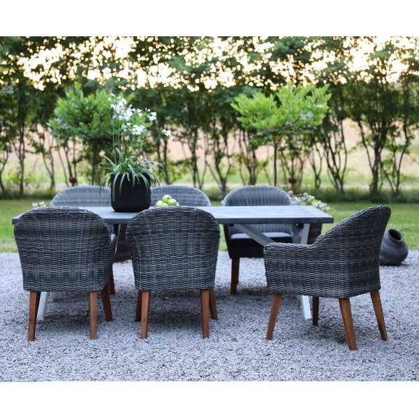 Oxford udendrs spisegruppe; gr/hvid bord 220 cm inkl. 6 Valetta lnestole gr syntetisk rattan