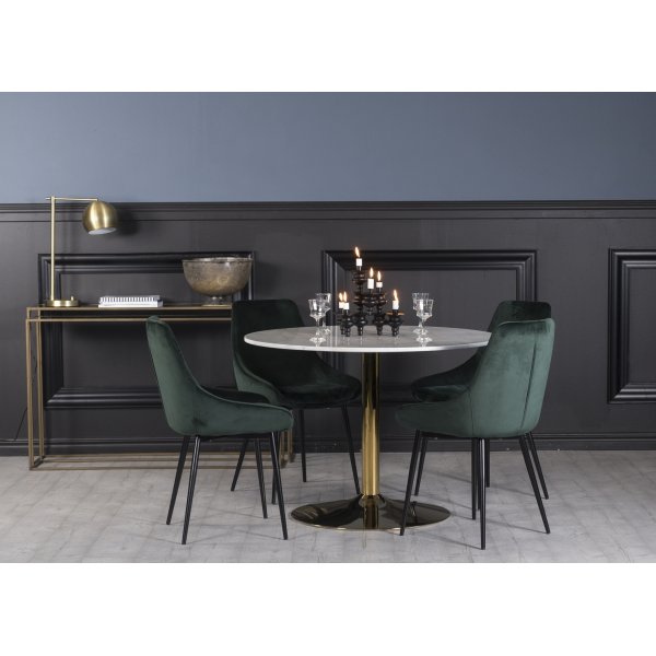 Plaza spisegruppe, marmorbord med 4 Theo fljlsstole - grn / hvid / messing