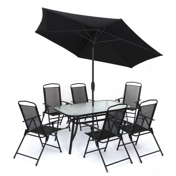 Vxj udendrs gruppe komplet med bord, 6 positions stole og parasol