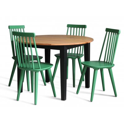 Dalsland spisegruppe: Rundt bord i Eg/Sort med 4 grnne Cane stole